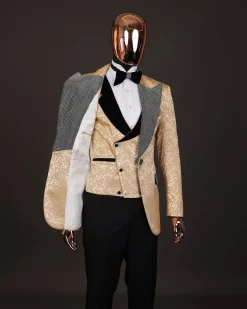 The “Jackson”, Gold Floral , Clear Crystal Trim bling layered peak lapel tuxedo suit