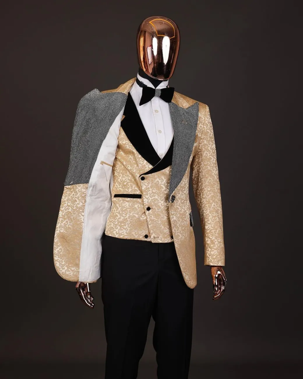 The “Jackson”, Gold Floral , Clear Crystal Trim bling layered peak lapel tuxedo suit