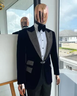 The “Jackson”, midnight blue, black crystal trim bling layered peak lapel tuxedo suit