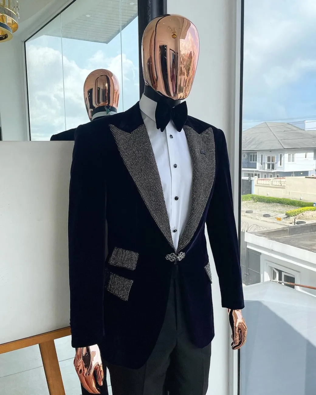 The “Jackson”, midnight blue, black crystal trim bling layered peak lapel tuxedo suit