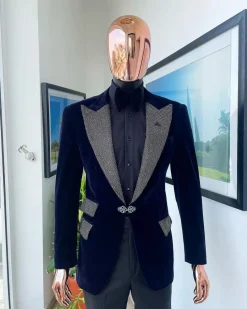 The “Jackson” Midnight blue, black Crystal Trim bling layered peak lapel tuxedo suit.