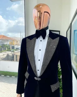 The “Jackson”, midnight blue, black crystal trim bling layered peak lapel tuxedo suit