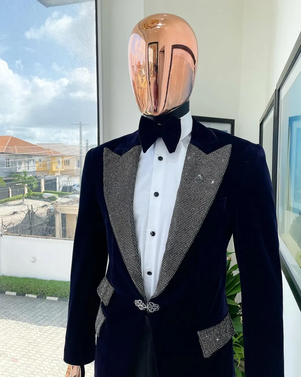 The “Jackson”, midnight blue, black crystal trim bling layered peak lapel tuxedo suit