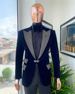 The “Jackson” Midnight blue, black Crystal Trim bling layered peak lapel tuxedo suit.