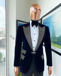 The “Jackson”, midnight blue, black crystal trim bling layered peak lapel tuxedo suit