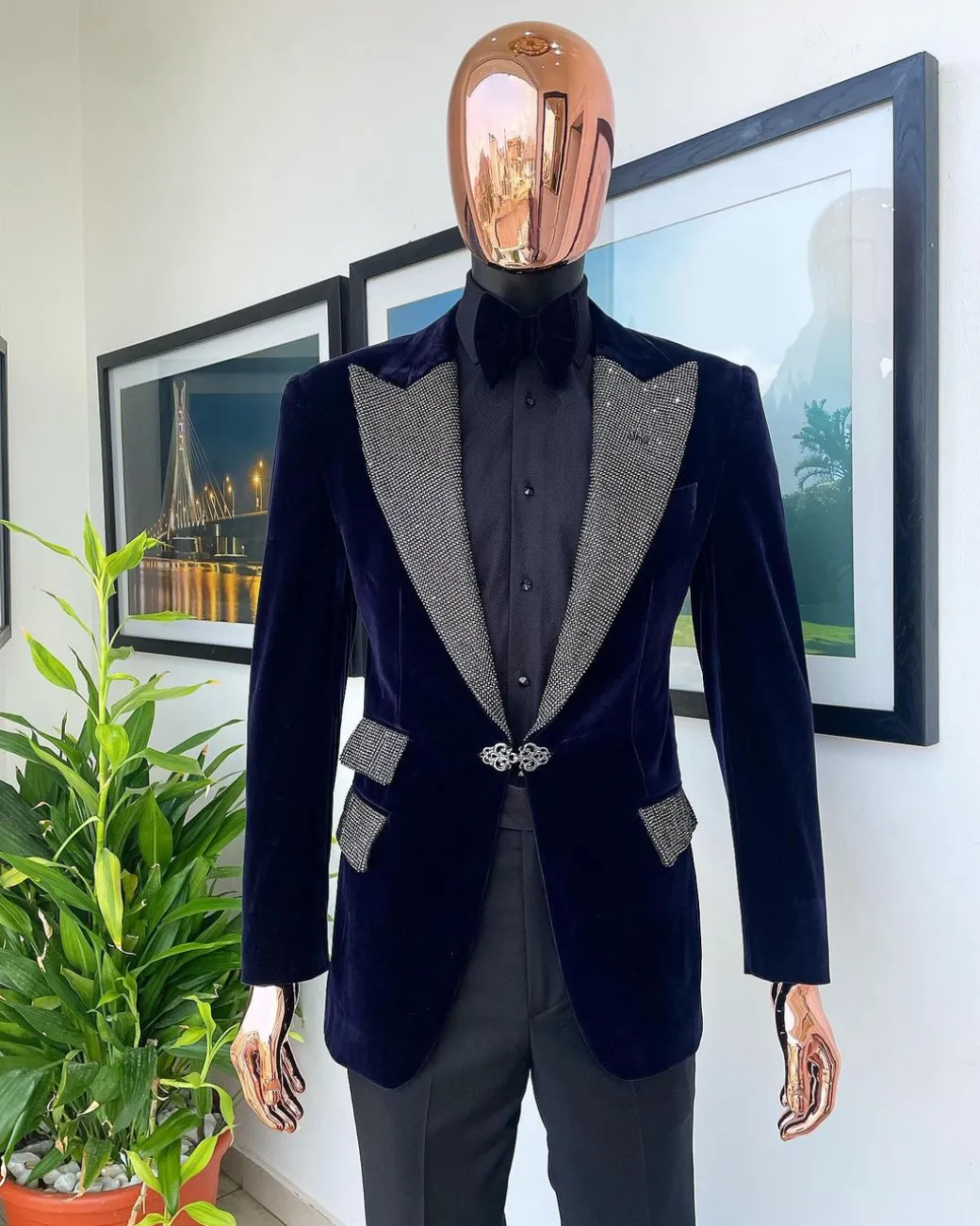 The “Jackson” Midnight blue, black Crystal Trim bling layered peak lapel tuxedo suit.