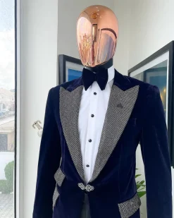 The “Jackson”, midnight blue, black crystal trim bling layered peak lapel tuxedo suit