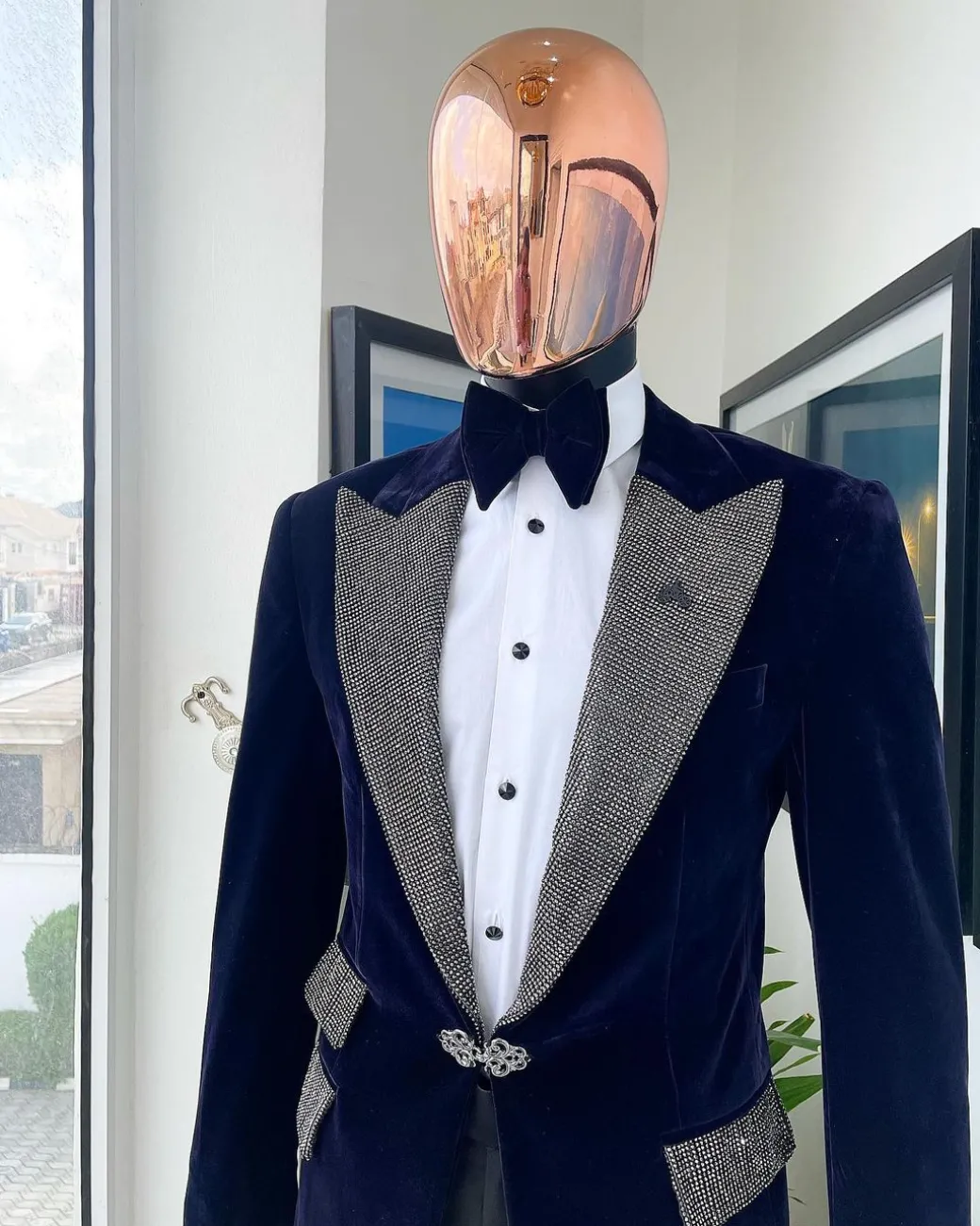 The “Jackson”, midnight blue, black crystal trim bling layered peak lapel tuxedo suit