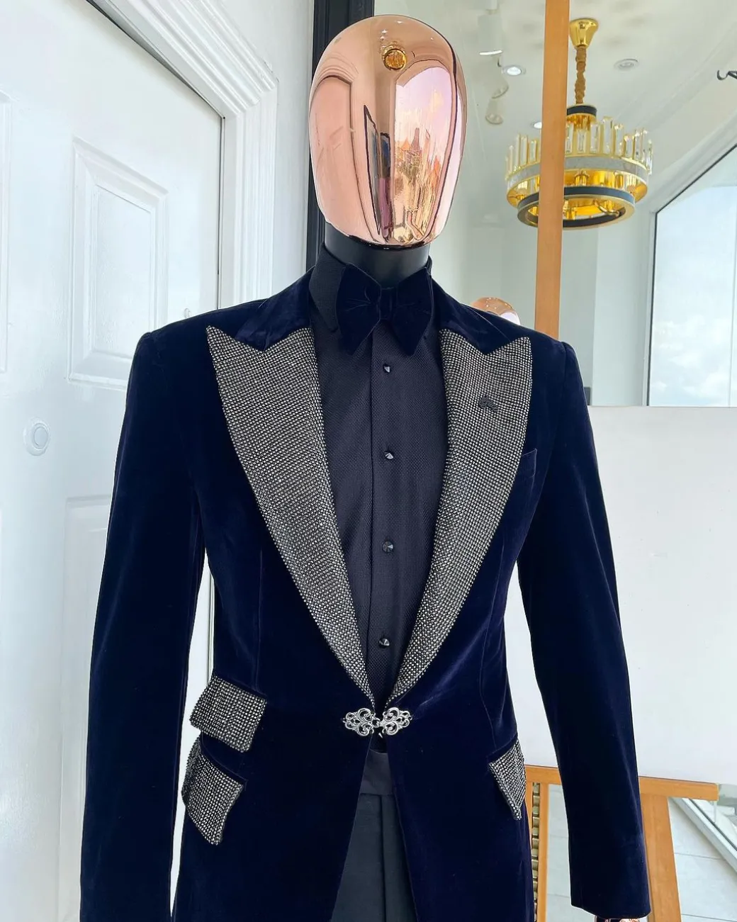 The “Jackson” Midnight blue, black Crystal Trim bling layered peak lapel tuxedo suit.