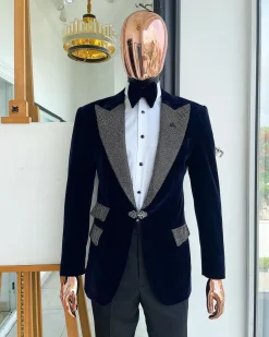 The “Jackson”, midnight blue, black crystal trim bling layered peak lapel tuxedo suit