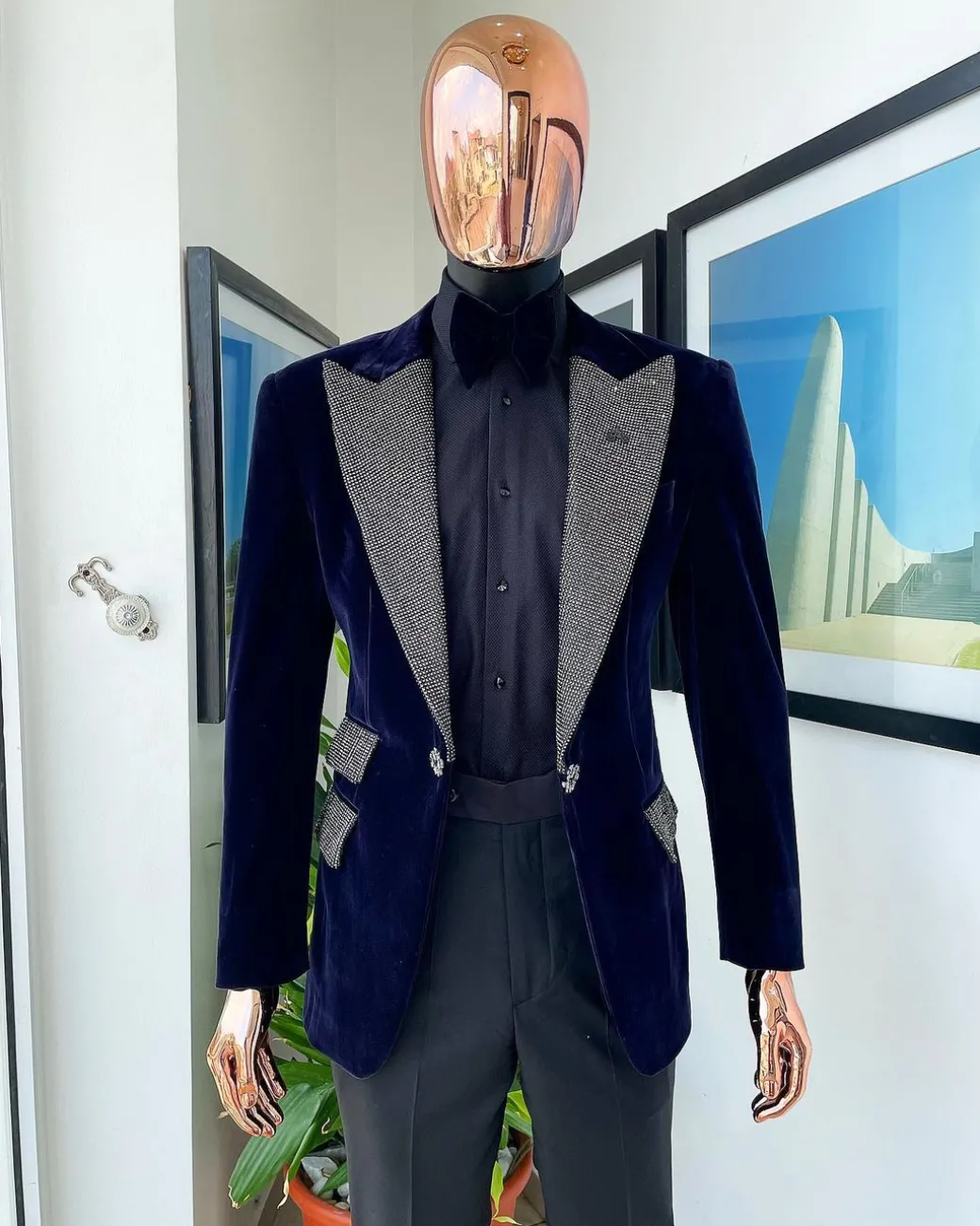 The “Jackson” Midnight blue, black Crystal Trim bling layered peak lapel tuxedo suit.