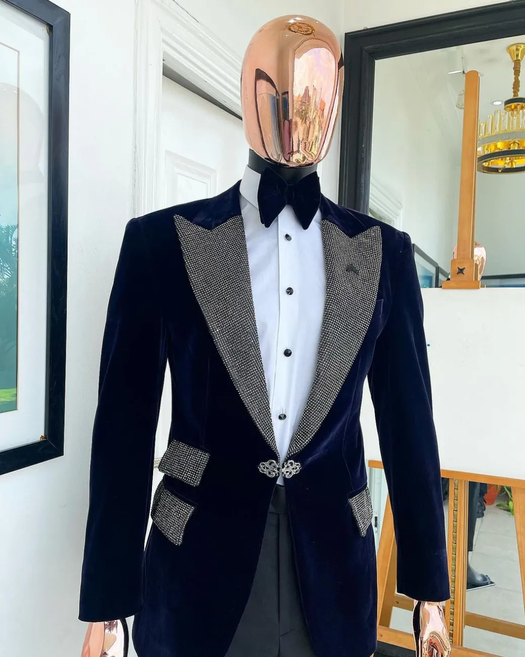 The “Jackson”, midnight blue, black crystal trim bling layered peak lapel tuxedo suit