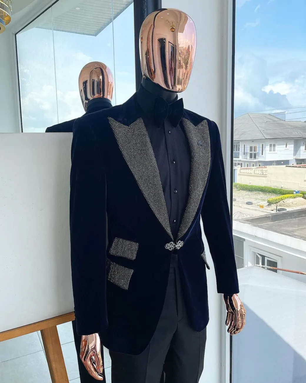 The “Jackson” Midnight blue, black Crystal Trim bling layered peak lapel tuxedo suit.