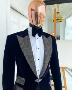The “Jackson”, midnight blue, black crystal trim bling layered peak lapel tuxedo suit