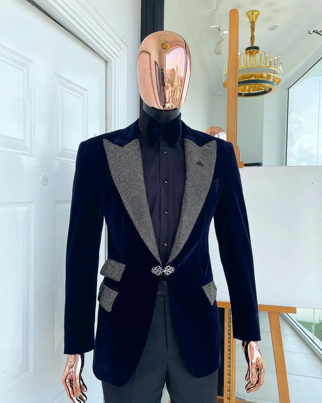 The “Jackson” Midnight blue, black Crystal Trim bling layered peak lapel tuxedo suit.