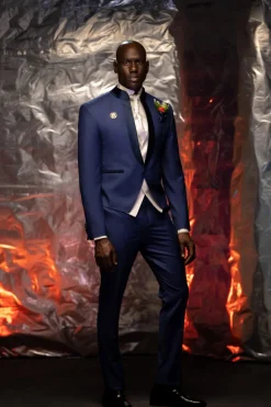 The “Jefferson” V-Shaped navy blue front Lapel, hand knitted Groom Tuxedo Suit