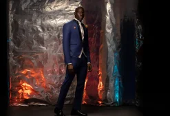 The “Jefferson” V-Shaped navy blue front Lapel, hand knitted Groom Tuxedo Suit