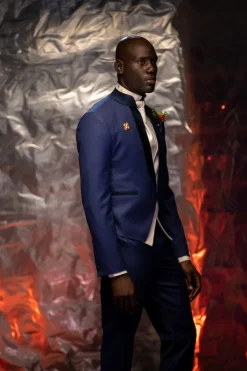 The “Jefferson” V-Shaped navy blue front Lapel, hand knitted Groom Tuxedo Suit