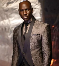 The “Lugard” Ruffled Grey pattern jacquard front closure Lapeless tuxedo suit
