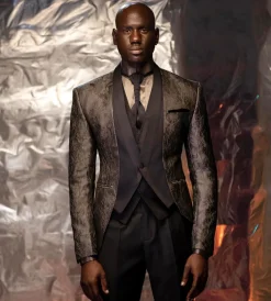 The “Lugard” Ruffled Grey pattern jacquard front closure Lapeless tuxedo suit