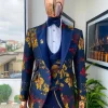 The “Mandarin” Gold, Navy blue and red splashed jacquard peak lapel suit
