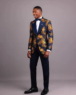 The “Mandarin” Gold, Navy Blue & Red Splashed Jacquard Peak Lapel Suit