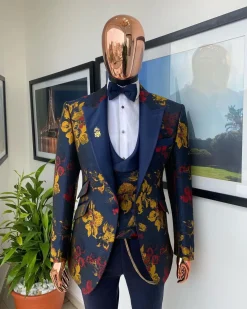 The “Mandarin” Gold, Navy blue and red splashed jacquard peak lapel suit