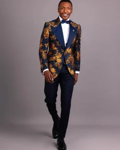 The “Mandarin” Gold, Navy Blue & Red Splashed Jacquard Peak Lapel Suit