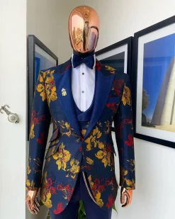 The “Mandarin” Gold, Navy blue and red splashed jacquard peak lapel suit