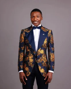 The “Mandarin” Gold, Navy Blue & Red Splashed Jacquard Peak Lapel Suit