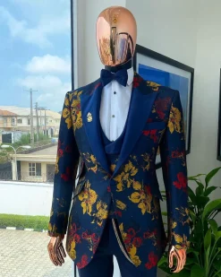 The “Mandarin” Gold, Navy blue and red splashed jacquard peak lapel suit