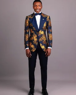 The “Mandarin” Gold, Navy Blue & Red Splashed Jacquard Peak Lapel Suit