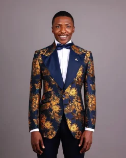 The “Mandarin” Gold, Navy Blue & Red Splashed Jacquard Peak Lapel Suit