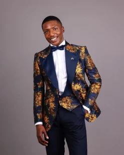 The “Mandarin” Gold, Navy Blue & Red Splashed Jacquard Peak Lapel Suit