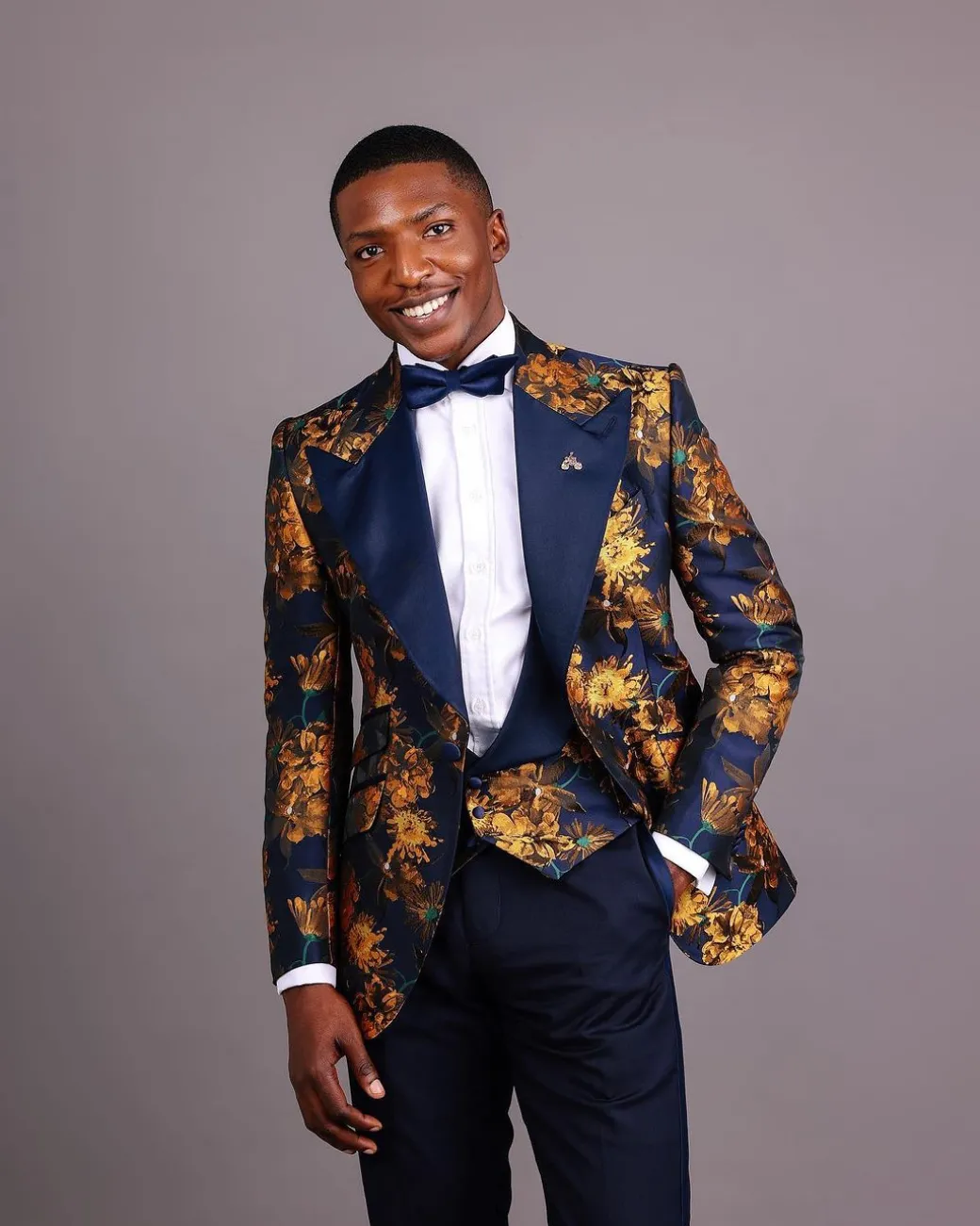 The “Mandarin” Gold, Navy Blue & Red Splashed Jacquard Peak Lapel Suit