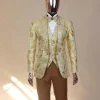The “Metaphor” gold and splash of caramel brown peak lapel metallic jacquard tuxedo suit