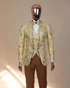 The “Metaphor” gold and splash of caramel brown peak lapel metallic jacquard tuxedo suit