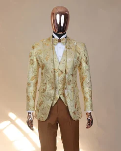 The “Metaphor” gold and splash of caramel brown peak lapel metallic jacquard tuxedo suit