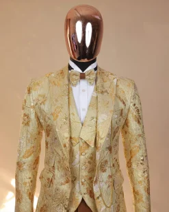 The “Metaphor” gold and splash of caramel brown peak lapel metallic jacquard tuxedo suit