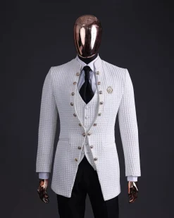 The “Monaco” ivory white plunged jacquard, single button front cut layered suit