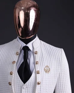 The “Monaco” ivory white plunged jacquard, single button front cut layered suit