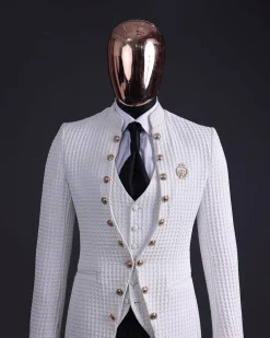 The “Monaco” ivory white plunged jacquard, single button front cut layered suit