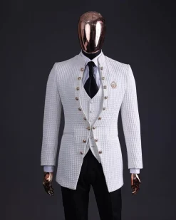 The “Monaco” ivory white plunged jacquard, single button front cut layered suit