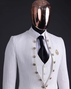 The “Monaco” ivory white plunged jacquard, single button front cut layered suit