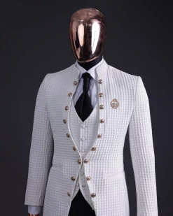 The “Monaco” ivory white plunged jacquard, single button front cut layered suit