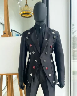 The Monochrome “okorodudu” mikado satin charcoal black notch lapel suit