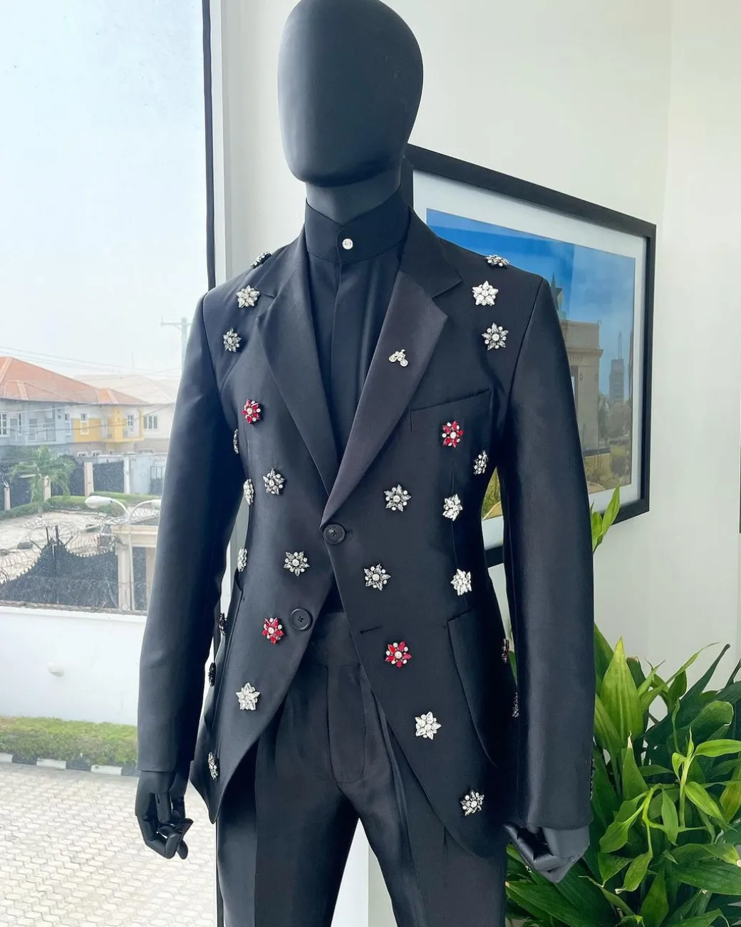 The Monochrome “okorodudu” mikado satin charcoal black notch lapel suit