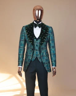 The “October 1st” castleton green covered peak lapel jacquard tuxedo suit