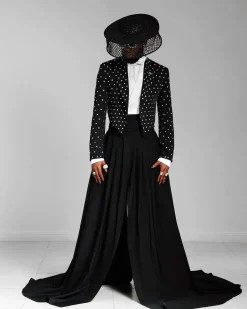 The ”Prince” Charcoal Black Short Peak Lapel Suit With ss30 Swarovski Stones, Double-breasted Waistcoat, High Pant Trousers & Pleated Long Tail Skirt.