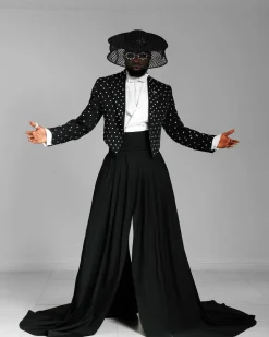 The ”Prince” Charcoal Black Short Peak Lapel Suit With ss30 Swarovski Stones, Double-breasted Waistcoat, High Pant Trousers & Pleated Long Tail Skirt.